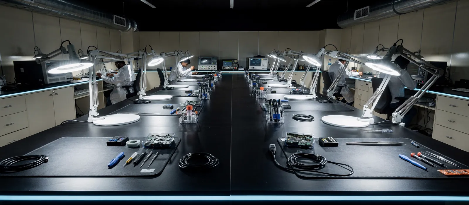 Illustration: a row of microscope repair benches with ring lights